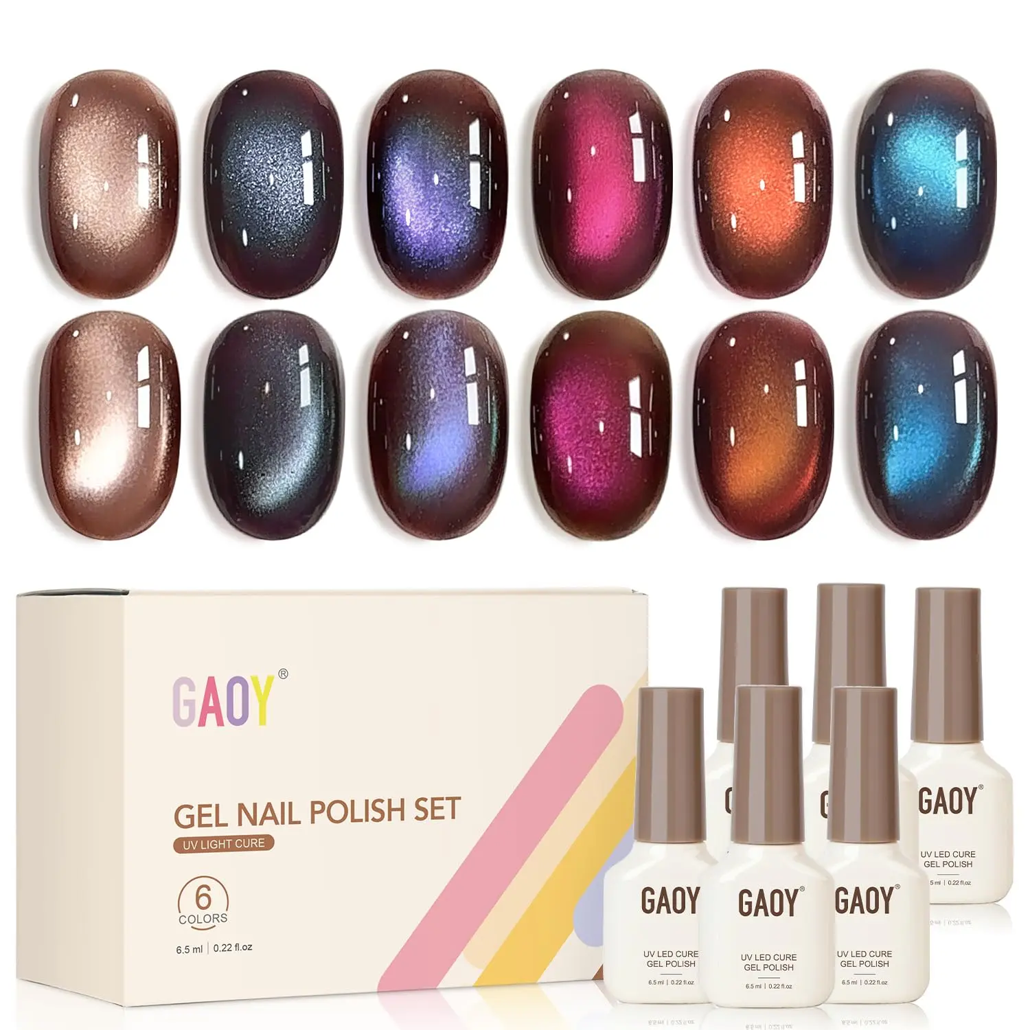 GAOY Brown Chameleon Cat Eye Gel Nail Polish Set, 6 Colors, Aurora Veil | Brown Base with Shifting Colors, Magnetic Glitter Holographic Gel Nail Polish Set, UV/LED Cure Required, DIY Manicure at Home