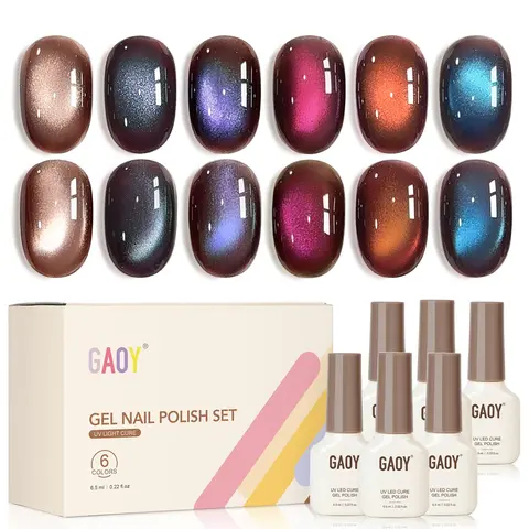 GAOY Brown Chameleon Cat Eye Gel Nail Polish Set, 6 Colors, Aurora Veil | Brown Base with Shifting Colors, Magnetic Glitter Holographic Gel Nail Polish Set, UV/LED Cure Required, DIY Manicure at Home