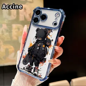 Phone Case for iPhone 17 16 Pro Max 15 Plus 14 13 12 11 E Air Skate Bear Pattern Premium Plated Cover Casing Clear Protective Four Corners Air Cushion Anti-drop