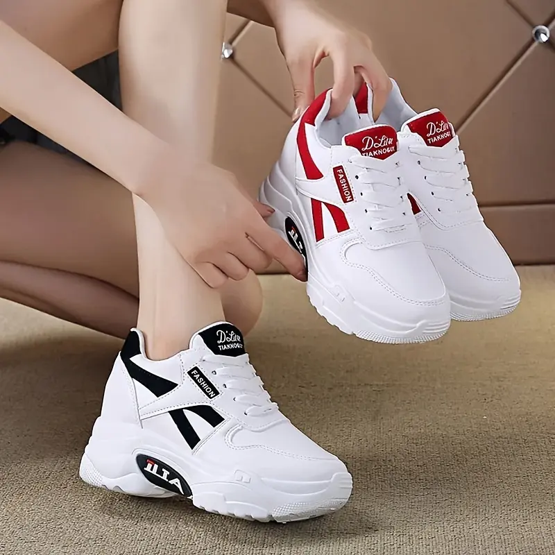 White Women's Casual Dad Sneakers - 8cm Thick Sole, Lace-Up, Durable Rubber Sole, Versatile Height Increase Shoes All-Season Wear