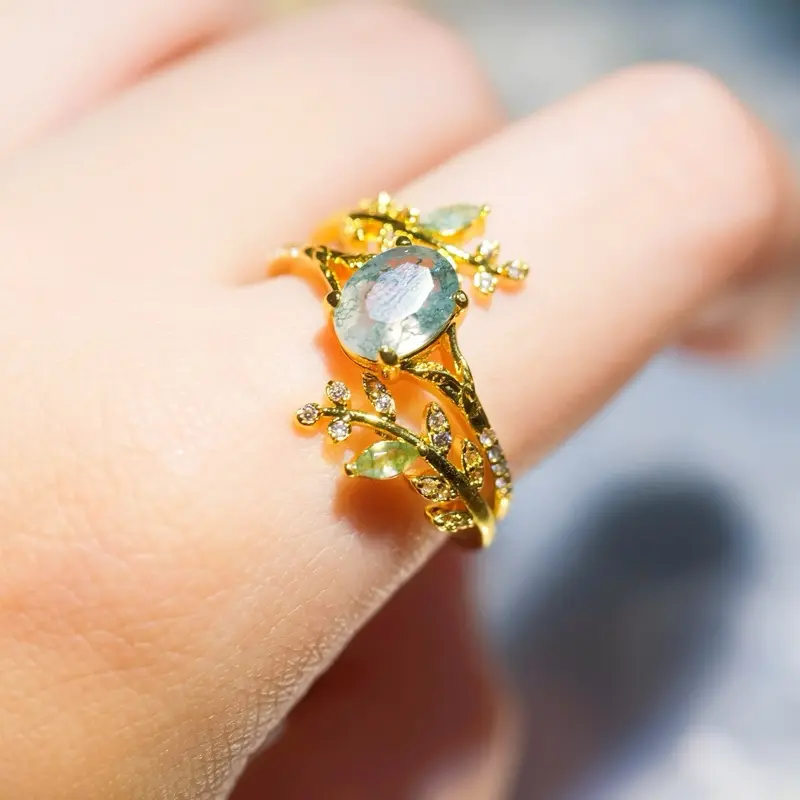 Moss Agate Leaf Ring Sterling Silver Engagement Ring, Organic, Elegance