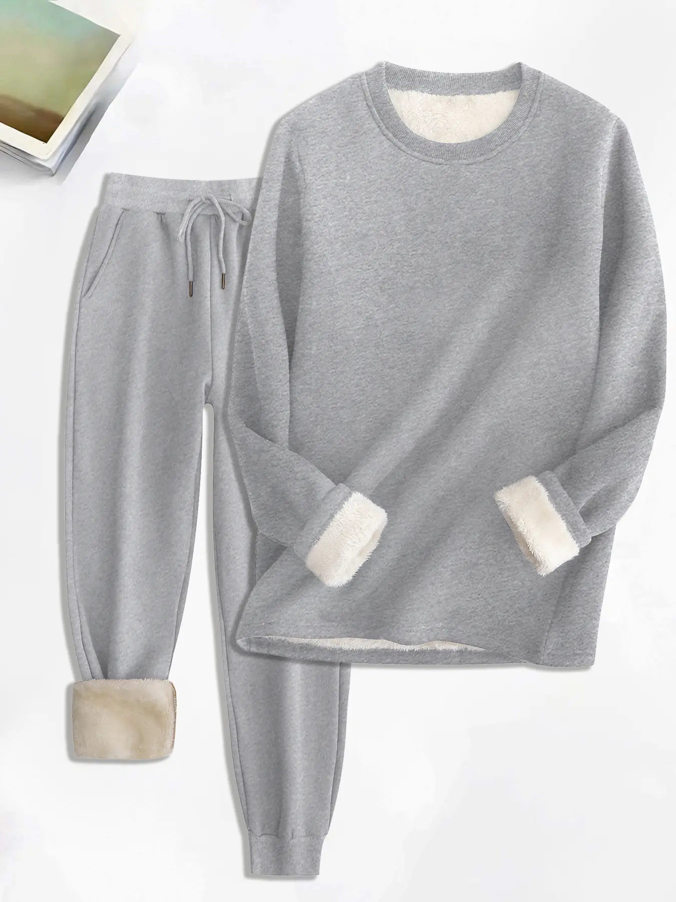 Women's Basic Solid Thermal Lined Sweatshirt Pullover & Pocket Drawstring Waist Pants Set, Casual Fashion Cozy Warm Outfits For Daily Wear, Women's Clothing For Fall & Winter