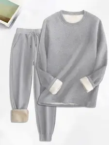 Women's Solid Thermal Lined Pullover & Pocket Drawstring Waist Pants Set, Casual Fashion Cozy Warm Outfits For Daily Wear, Women's Clothing For Fall & Winter