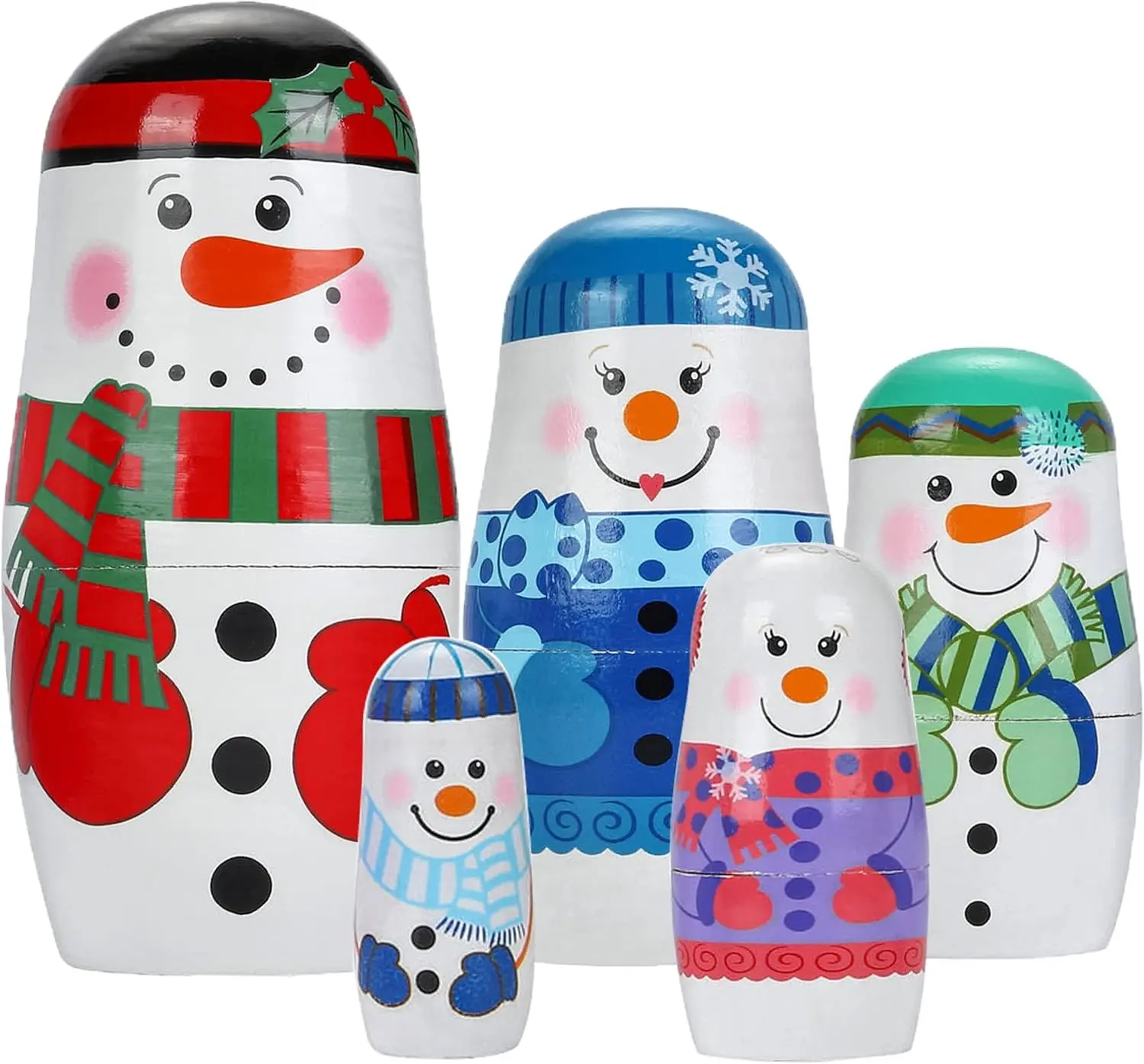 5pcs Handmade Wooden Russian Nesting Dolls, Snowmen Nesting