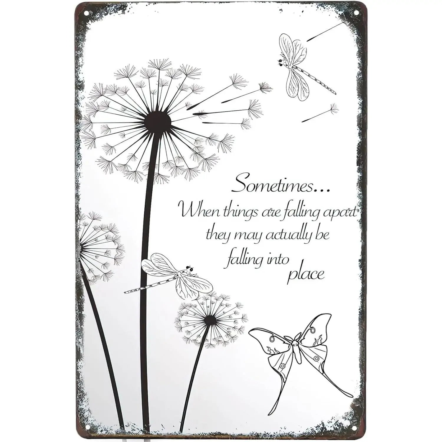 12x8 in Cast Iron Rectangular Whimsy Dandelion & Dragonfly Wall Sign - Retro Metal Plaque for Home, Kitchen Home Supplies Decor, Dragonflies