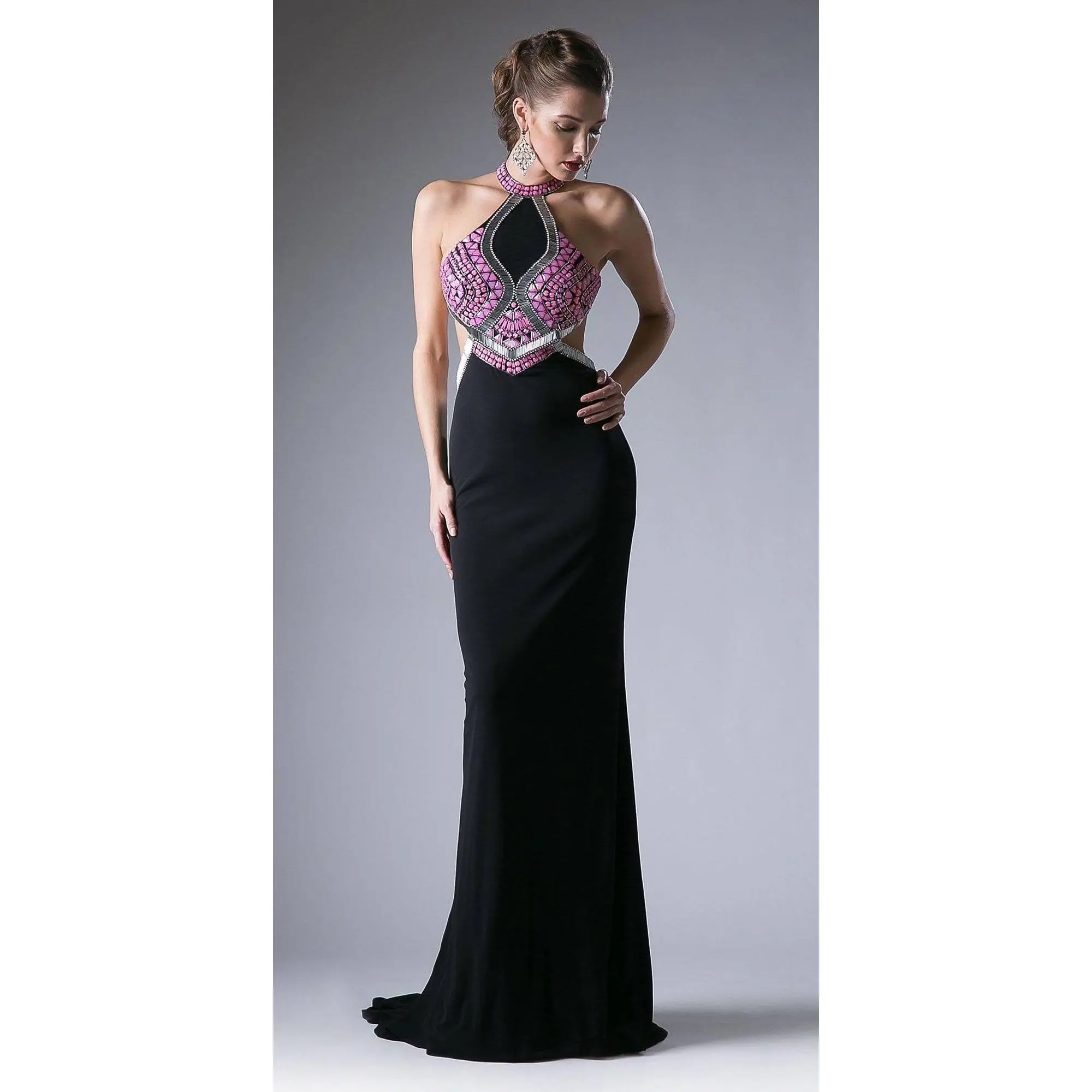 Cinderella Divine 5012 Halter Beaded Cut Out Bodice Long Dress Open Back