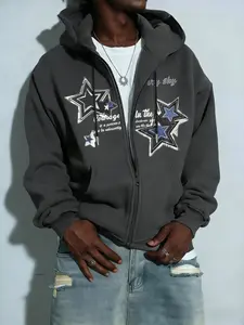 Men’s slogan and five-pointed star pattern printed drop-shoulder fleece-lined long-sleeve zippered hoodie, Graphic hoodies, suitable for both men and women, street fashion design, perfect for everyday wear