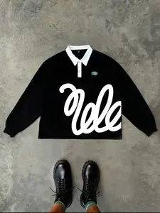 Black minimalist classic polo collar long sleeved T-shirt for men, Y2K geometric aesthetic trendy brand fashionable long sleeved shirt for men and women, European and American street style casual shirt T-shirt long sleeved polo golf