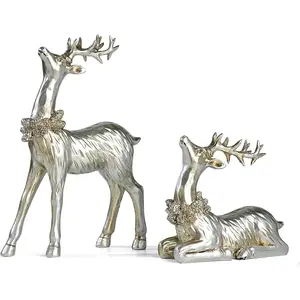 2PCS Christmas Deer Pendant Bedding and Standing Gold Deer Resin Home Decoration Suitable for Fireplace Living Room Dining Table Christmas Decoration (Silvery)