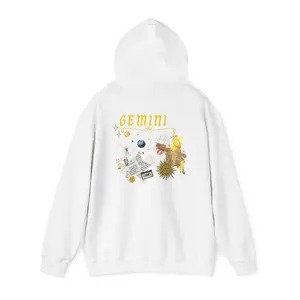 Men's Classic Gemini Zodiac Hooded Sweatshirt - Menswear Long Sleeve Cotton Top with Kangaroo Pocket, Seamless Design, Adjustable Fit, Custom Fabric, Astrology Print, Casual Cozy Personalizable Birthday Gift