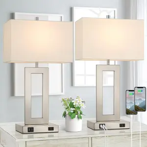 Tall Table Lamps for Bedroom Set of 2, Silver Bedside Touch Control Lamp with 2 USB Ports&AC Outlet, Modern Living Room Table Lamp for Nightstand End Table, 3-Way Dimming with 2 E26 Edison Bulbs Dimmable Lighting