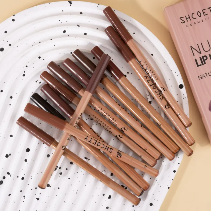 SHCOETY 12-Color Lipliner Makeup Kit - Natural Glow Finish, Sustainable Wood Design, 12Color
