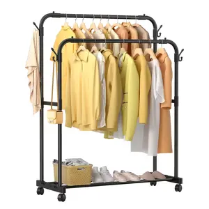 Double Rods Garment Rack with Wheels, Clothing Rack for Hanging Clothes,4 Hooks, Multi-functional Bedroom Clothes Rack, Black