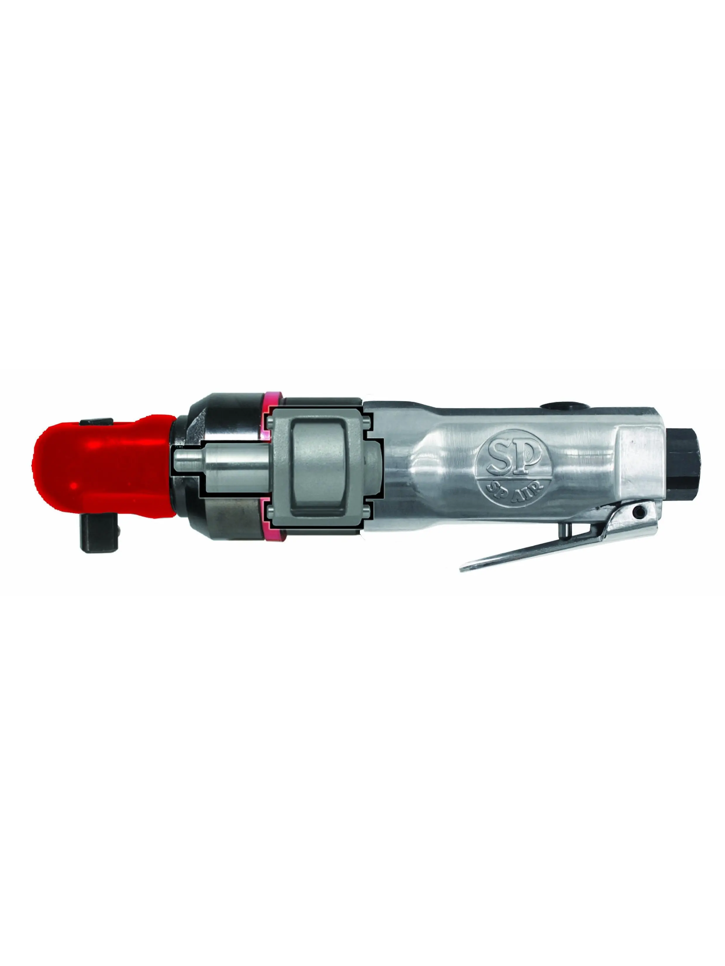 SP Air SP-1765 .375 in. Super Fast Mini Impact Ratchet Wrench with Durable Aluminum Housing, Clutch Mechanism, Reaction Free Ratchet, 500 rpm, 55 ft-lbs. Max Torque, 6.88"l x 1.5"h x 1" Dimensions, Rear Exhaust, Protective Head Cover for Restricted Areas