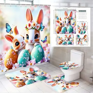 4pcs Easter Bunny Bathroom Decor Set, Flower Crown Rabbits, Pastel & Speckled Eggs, Colorful Butterflies, Floral Shower Curtain, The floor mat fabric is thicker and softer!