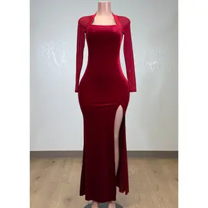 DHALI RED MESH LONG SLEEVES VELVET BODYCON MAXI DRESS
