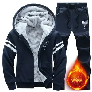 Men's Navy Blue Fleece-Lined Tracksuit - Hoodie & Joggers with Warm Fleece Lining, Trendy Versatile Layered Look