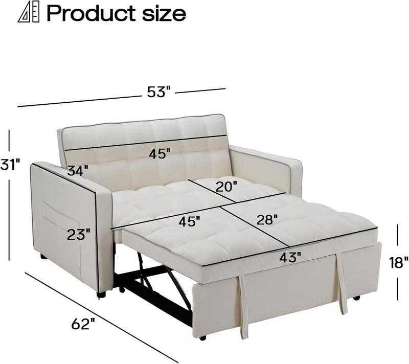 EBELLO 3-in-1 Convertible Velvet Sleeper Sofa Bed | Modern Loveseat Futon with Side Storage Pockets for Small Space, Grey&White | Christmas Gift