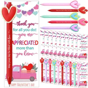 20/50 Sets Valentines Pens Pink Heart Ballpoint Pens with Thank You Card Employee Appreciation Gift Inspirational Valentine Party Favors for Colleagues Teacher Nurse Office School Supplies Creative Stationery