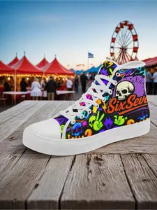 Men's SixSeven Comfort High-Top Sneakers - Neon Skull & Graffiti Pattern Lightweight All-Season Streetwear Footwear