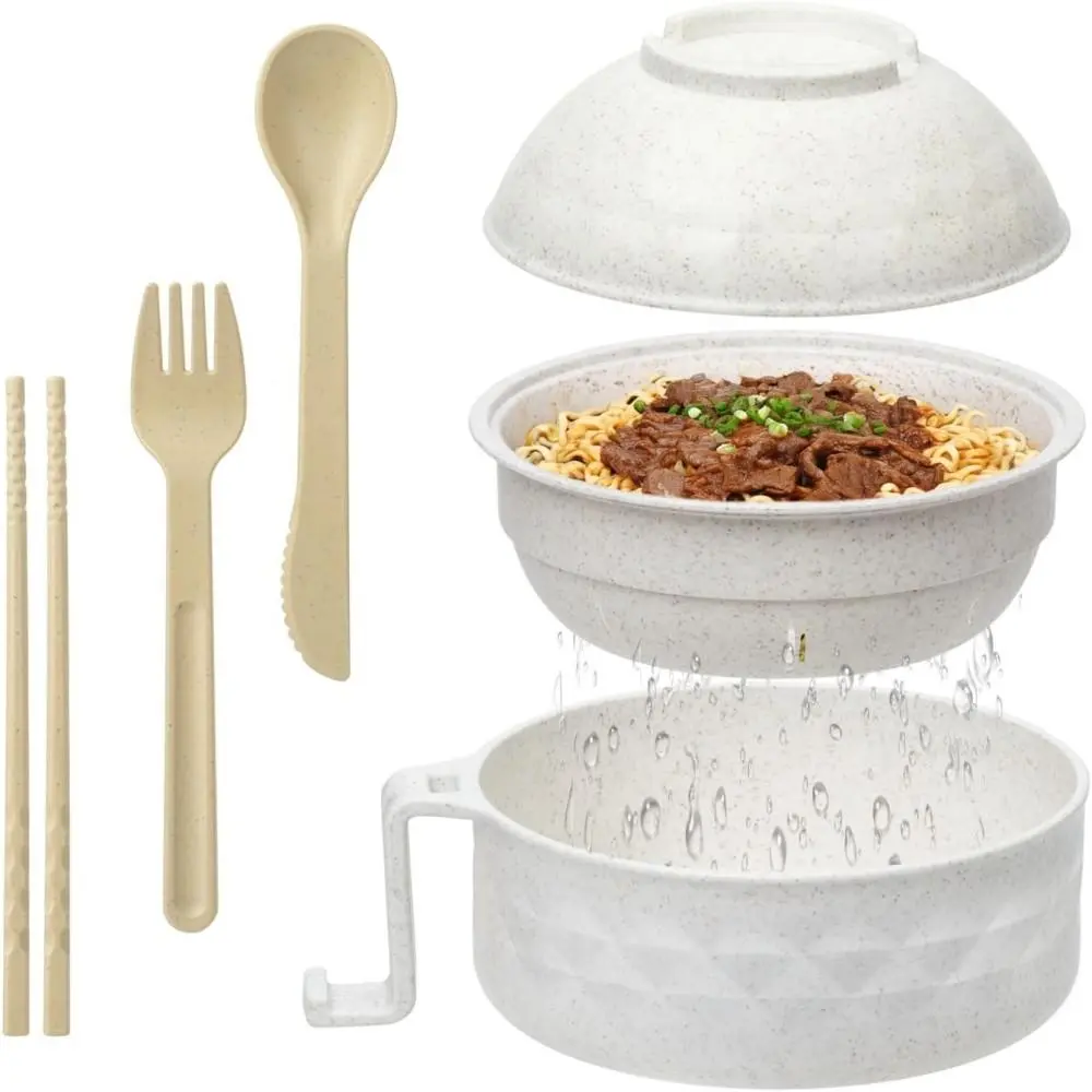 Multi-Scenario Wheat Straw Noodle Bowl Set, Microwave Safe Double Handle Bowl with Spoon Fork Chopsticks Combination(Top bowl-Beige）