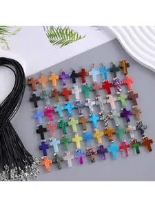 50 Pieces Colorful Natural Stone Cross Pendant Set with Black Faux Leather Chain DIY Necklace Bracelet Making Craft Supplies Jewelry Beads for Women Girls Gift  25 pendants+25 chains