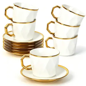 Coffee Cup Set of 6 with Saucers, 3.5 OZ Ceramic Espresso Cups, Turkish Coffee Cup Set for Cappuccino, Latte, Cafe Mocha and Tea, Dishwasher & Microwave Safe