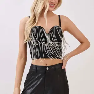 Top Corsé con Flecos de Diamantes - Black Cami Top with Rhinestone Fringe and Strappy Design