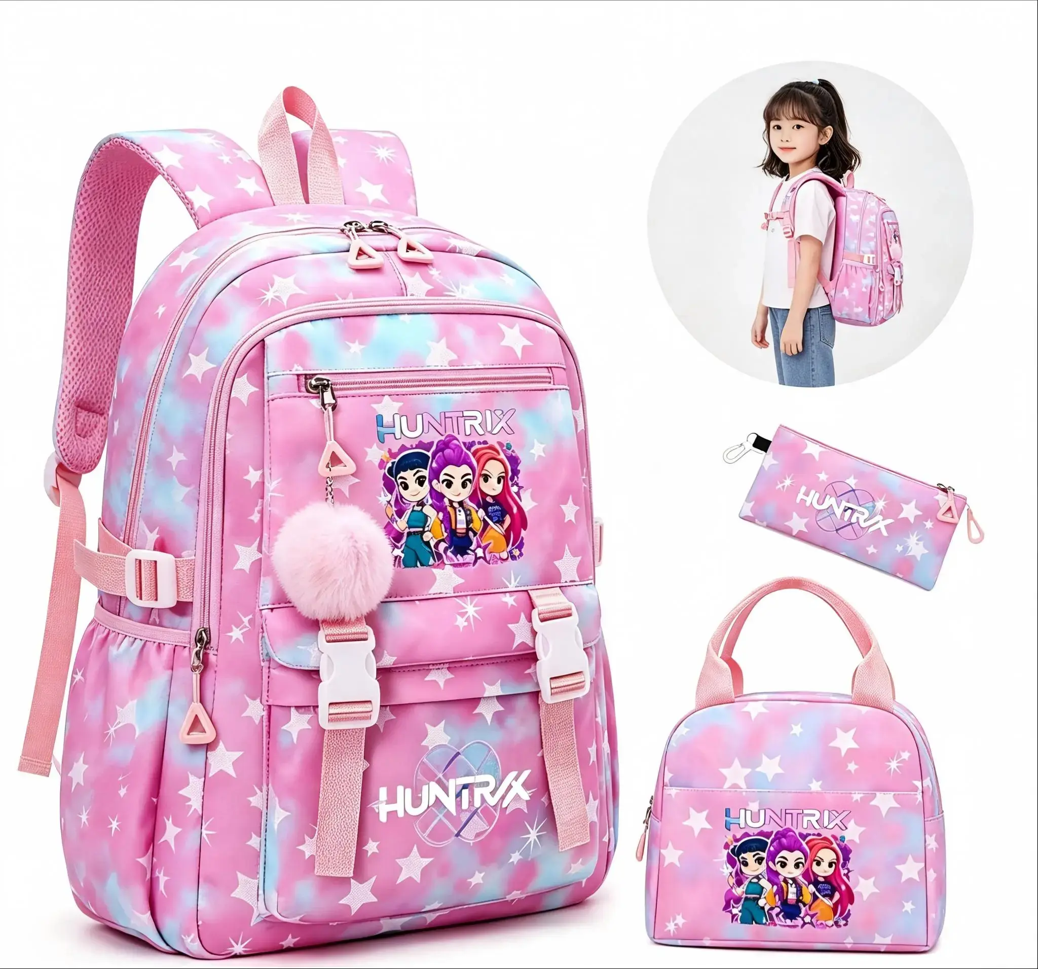 [Summer Sale Deals] Kpop-3pc Backpack solid color women's backpack star print zipper closure Trendy backpack fashionable and versatile casual trend suitable for students going to school, campus, going out to work, traveling women's backpack