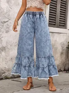 Elastic Waist Layered Ruffle Wide Leg Jeans Pants, Acid Wash Bohemian Style Denim Long Trousers, Comfortable & Stylish Women's Fashion, Casual