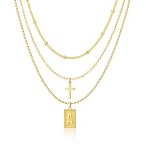 Tewiky 3pcs 14K Gold Plated Letter/Cross/Satellite link Gold Statement Chain Necklace Trendy Initial Layered Choker Pendant Necklaces For Women Name Necklace Personalised Gift Jewelry for Valentine's Day gifts