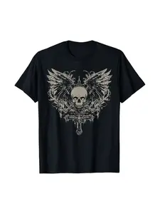 Skull Cross Y2K Goth Alt Grunge Gothic Emo Aesthetic Wings T-Shirt Print, Outdoor Cotton Tee with Classic Crew Neck, Perfect for Day Excursions, Walking, Camping, And Year-Round Use, Comfortable & Machine Washable-Ideal for Casual Attire & Unique