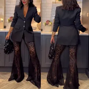 Women’s new lace two-piece set featuring a fashionable, elegant custom jacket and matching pants in a casual style.