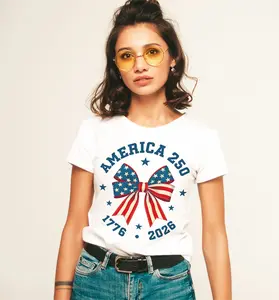 America 250 Patriotic Bow Graphic T-Shirt, 1776-2026 Independence Day Tee, Vintage USA Flag Shirt