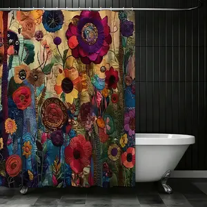 Vibrant Bohemian Floral Shower Curtain, Artistic Design with Stylized Flowers, Eclectic Mixed-Media Background, Festive Bathroom Makeover