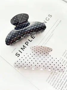 2pcs Women Polka Dot Semi-Circle Hair Clips Set, Hair Claws Set, Casual Cute Acrylic Material Black&White Polka Dot Acetate Hair Claw Clips For Daily Commute Outfit, Bun Updo Hair Fixation, No Hair Damage Hair Accessories