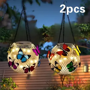 Two Piece Outdoor Solar Butterfly Lantern, Metal Iron Butterfly Courtyard Solar Light Hanging Decoration, Suitable for Garden Porch Lawn Farm Courtyard Decoration, Beautiful Holiday Gifts, Solar Landscape Lights
