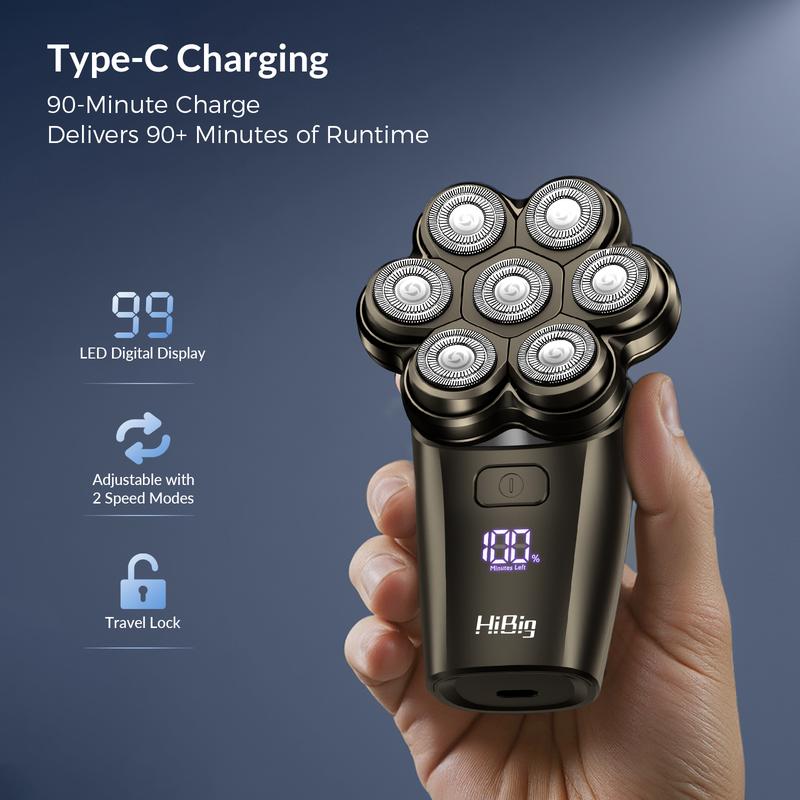 HiBig 7D Electric Shaver for Head & Body - 5-in-1 Professional Beard Trimmer & Grooming Kit, Waterproof Rechargeable Skull Shaver, Cordless Hair Clipper with Rotary Floating Blade Heads, Ideal Gift for Men