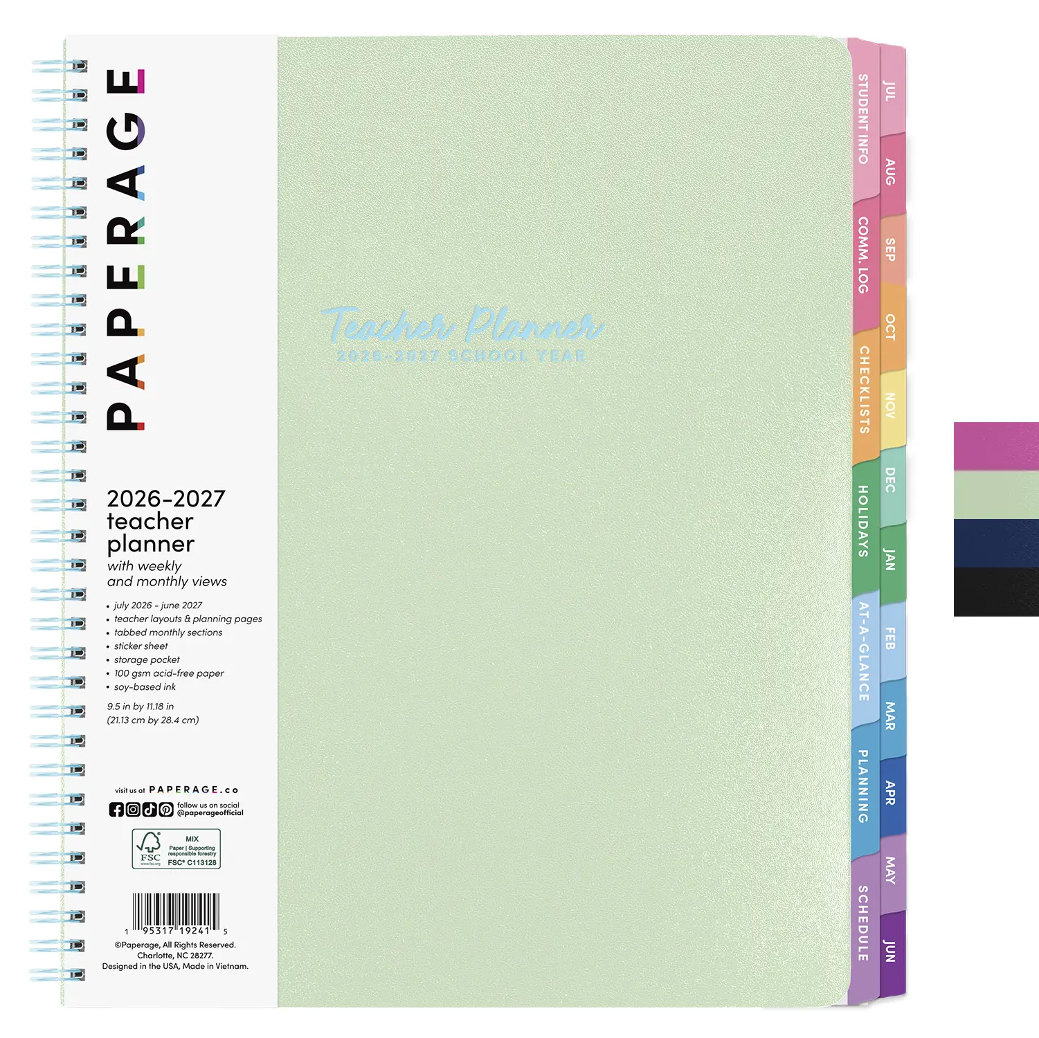 PAPERAGE Teacher Planner, Weekly & Monthly Academic Planner & Calendar, 12-Months, July 2026 - June 2027, (9.5" x 11"), Teacher Lesson Planning Book with Tabs, Stickers & Inner Pocket