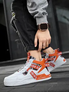1 Pair Plus Size Mens High Top Sneakers White Orange Color Block Trendy Print Patchwork Thick Sole Heightening Anti-Slip Daily Shoes