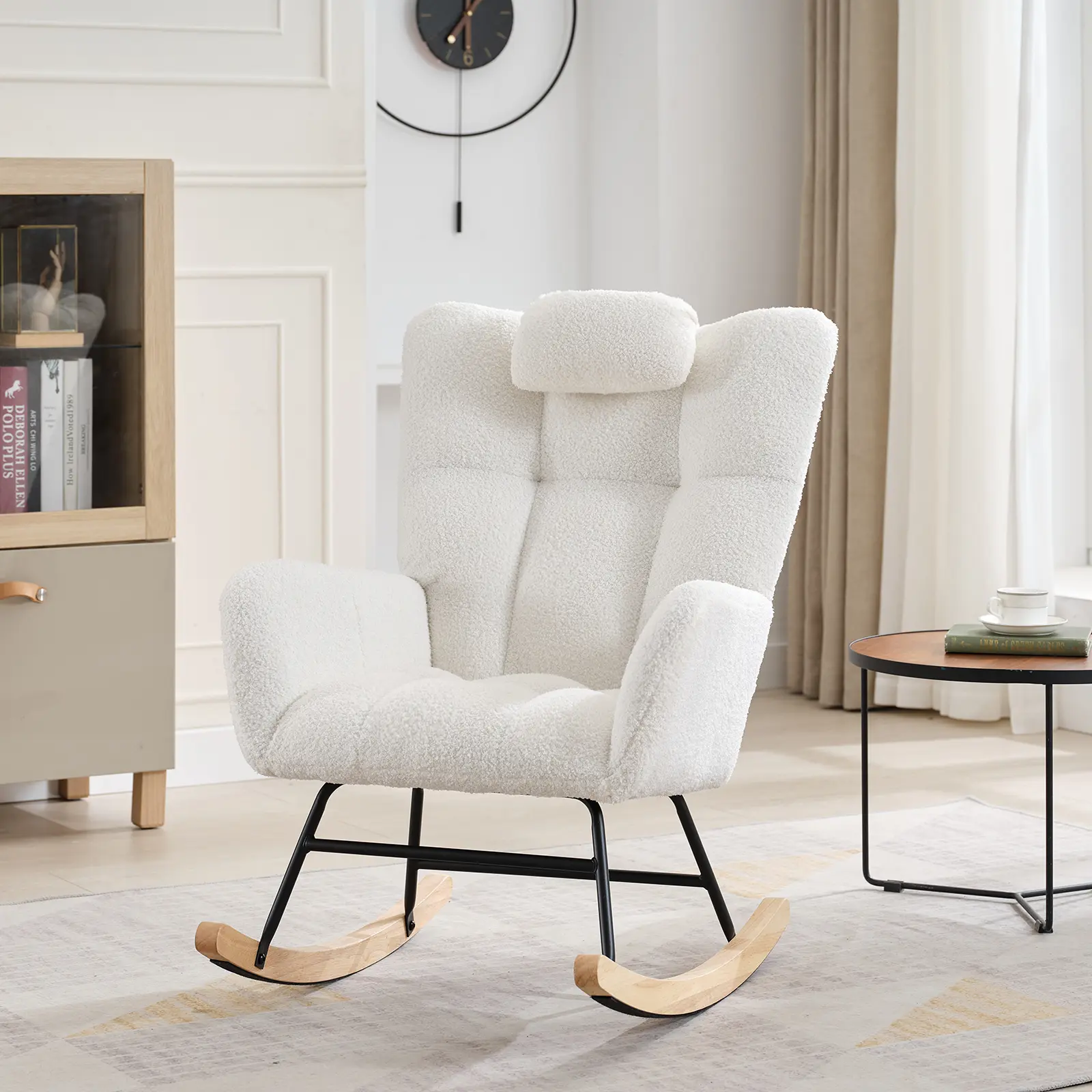 Comfortable Soft Upholstered Nursery Rocking Chair – High Backrest, Headrest & Armrests – Modern Accent Glider for Living Room, Bedroom, Office Modern Soft Upholstered Rocking Chair