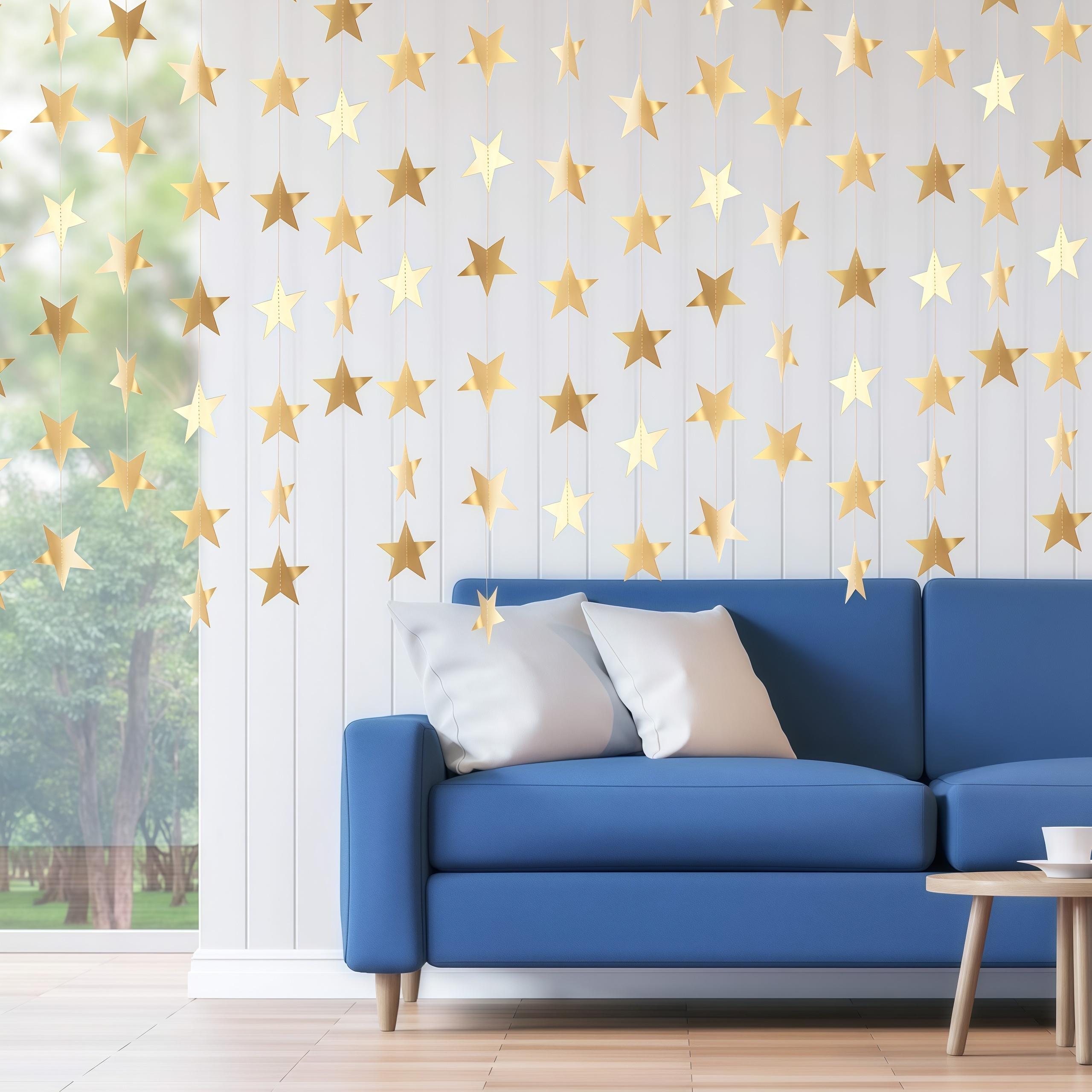 Champagne Gold 2-Sided Paper Glitter Star Garland Banner, 130-ft 2.75-in Lightweight Mountable Wall Hanging Twinkle Backdrop, Festive Home & Wedding Supplies Ornament with Pouch for Birthday Decor