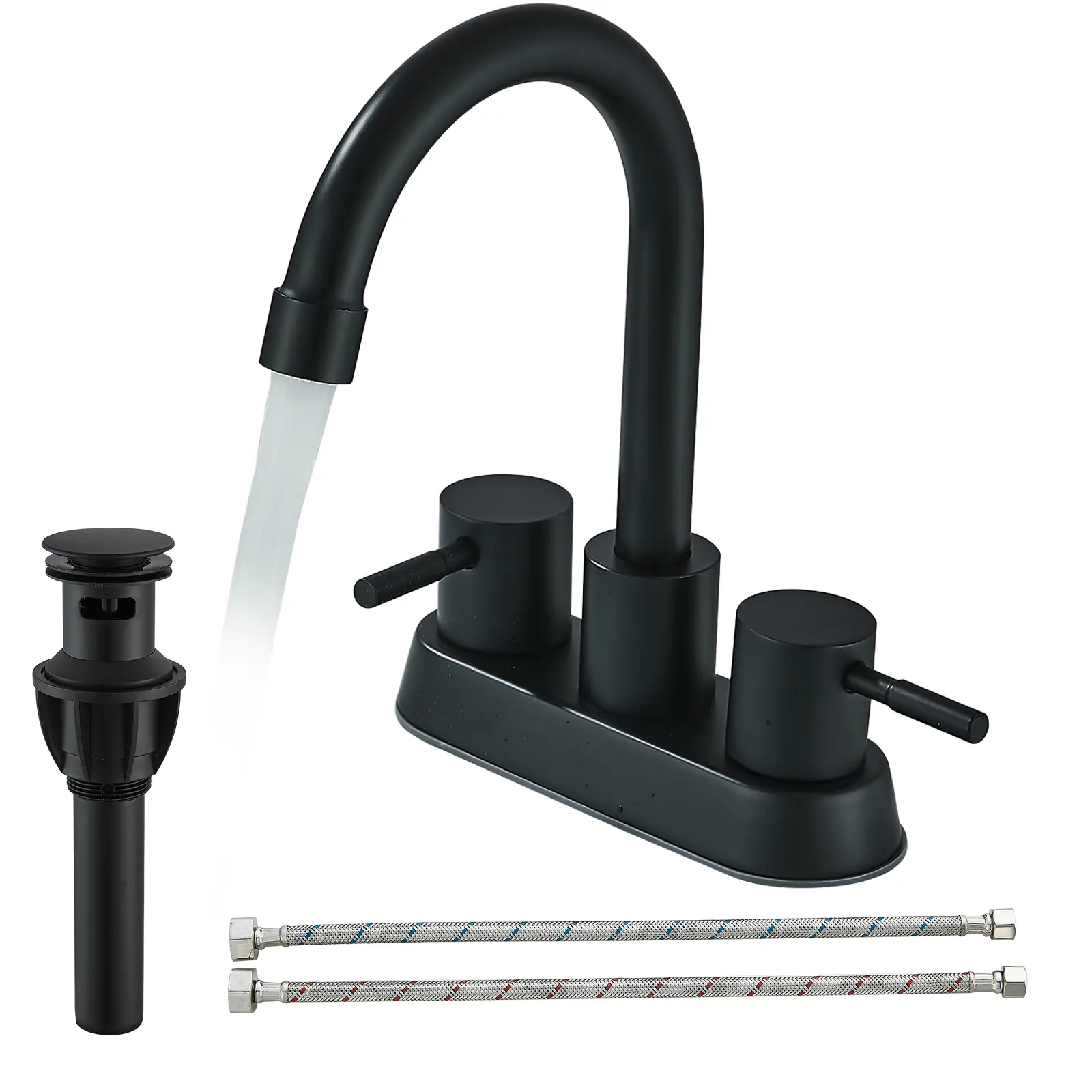 Matte Black 2-Handle Bathroom Faucet, 4-Inch Centerset 3-Hole Deck-Mount Vanity Sink Faucet with Pop-Up Drain Assembly and Supply Water Hoses, Modern High-Arc Lavatory Tap