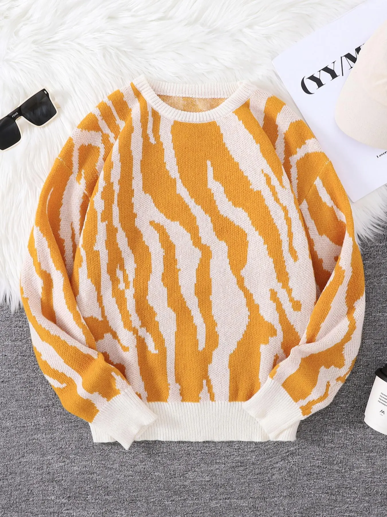 Autumn Winter Water Ripple Graffiti Knit Sweater, Trendy Men's Warm Pullover, Casual Micro-Elastic Round Neck, All over Print