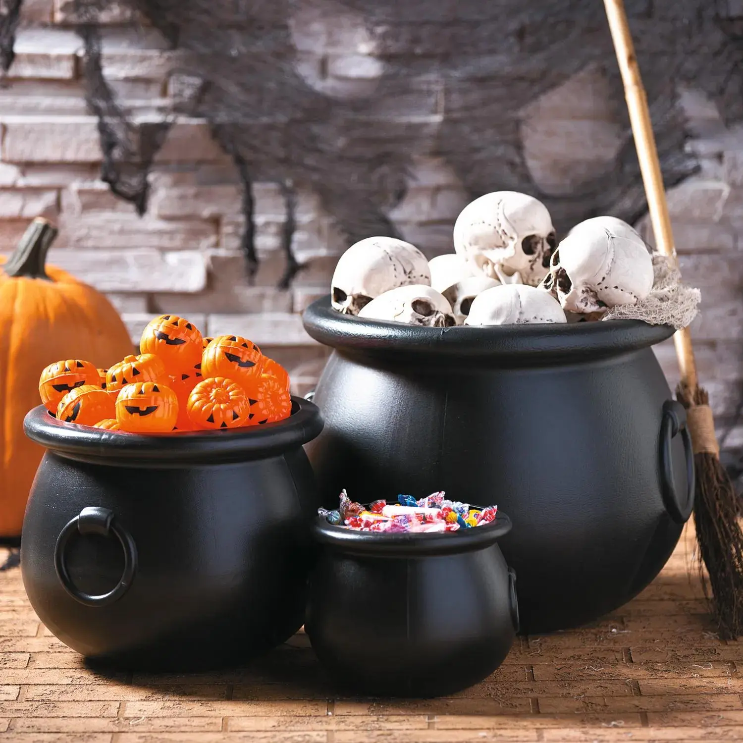 Durable Plastic Black Cauldron Set - 3 Pcs, 8"-16" Sizes, Halloween Decorations for Indoors, Halloween Ideas for Event Planners, Creative Hosts