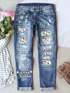 Christmas Light Patch Print Jeans, Shiny Rhinestones, Faded Ripped Design, Cat Whisker Craft, Breathable Fabric, Elastic Waistband, Patched Ripped Jeans