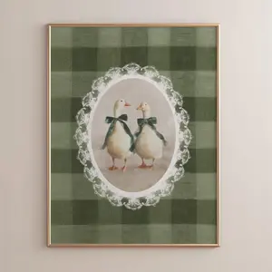 Coquette Geese Art Print, Dark Green Gingham & Bowd, Vintage Farmhouse Decor, Muted Green Soft Aesthetic, Print
