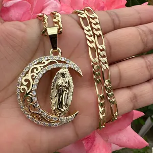 Moon Virgin Mary necklaxe wih chain gold  plated