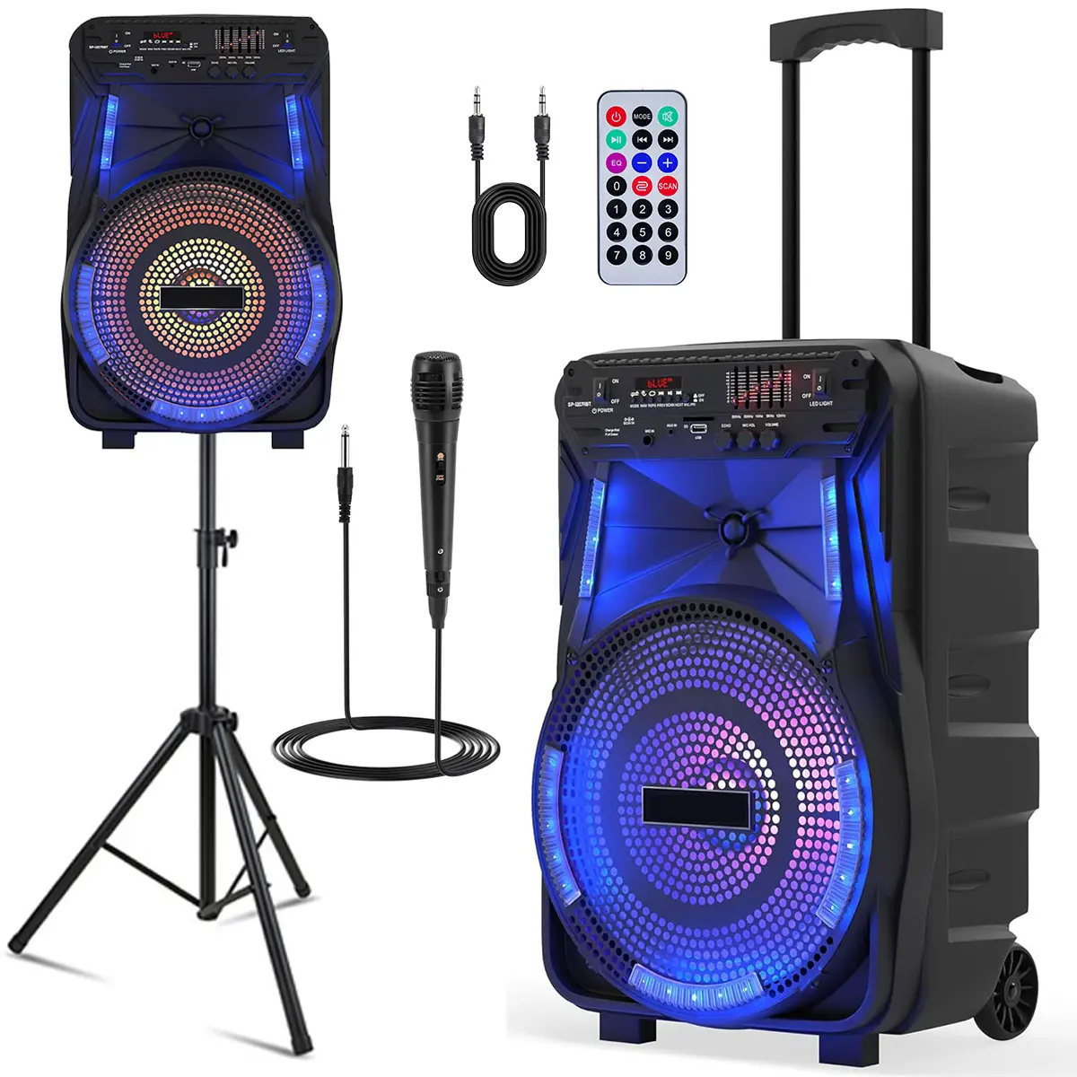 15 inch Portable Bluetooth PA Speaker Rechargeable Loud Outdoor Speaker System With Stand Tripod Microphone LED Light