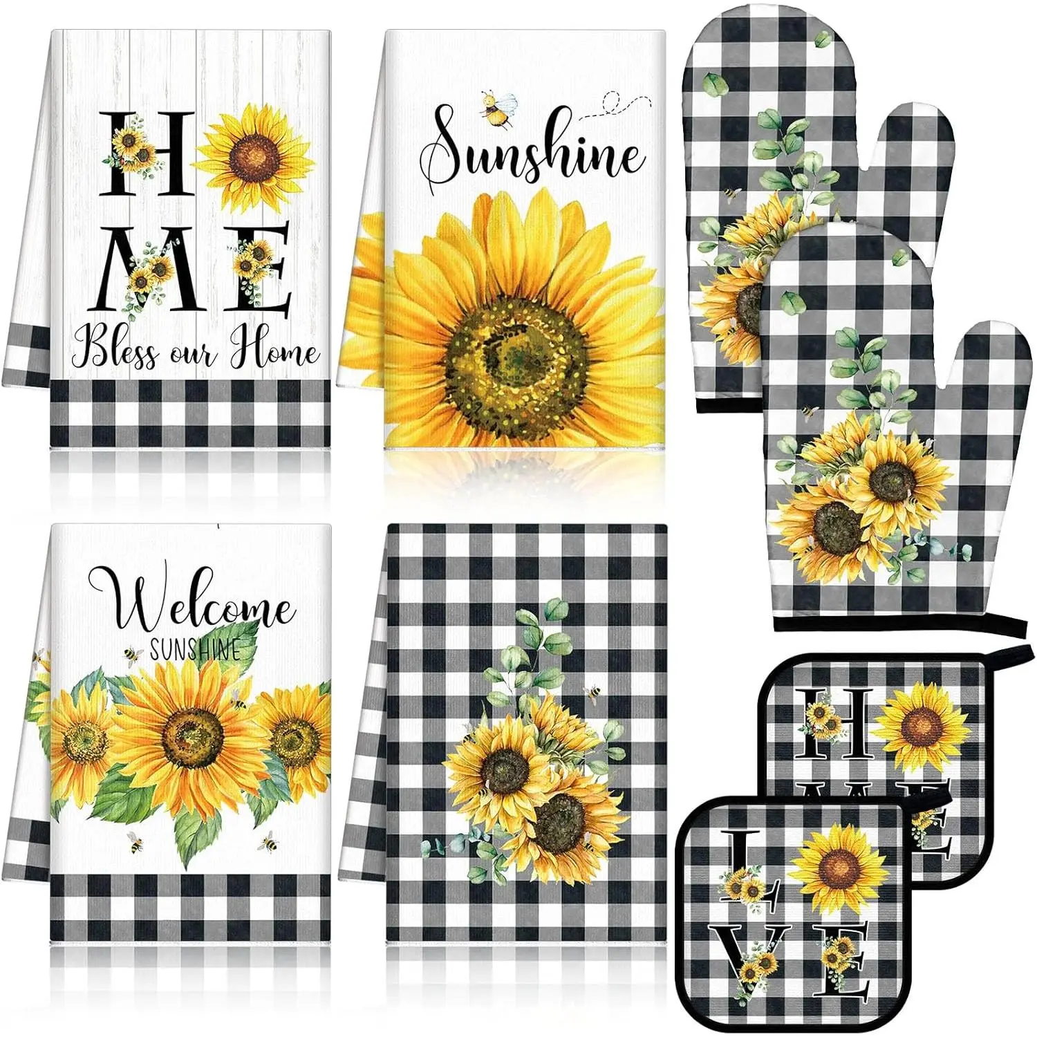 8-Piece Sunflower Checkered Kitchen Towels and Dishcloths Set, Oven Mitts and Pot Holders — Absorbent, Heat Resistant, for Chefs, Baking, and Cooking